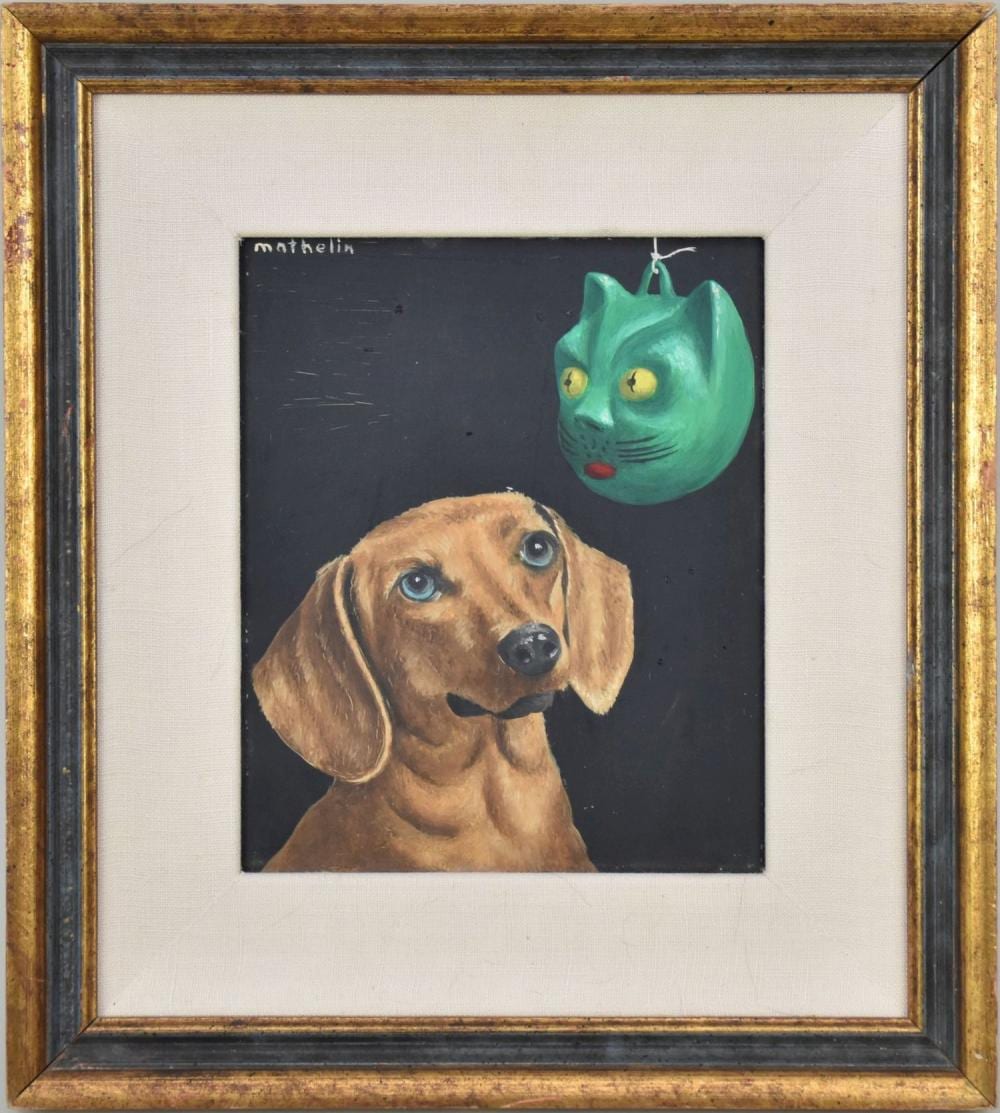 lucien mathelin 1905 1981 dog and cat head oil on board signature upper left 8 x 6 3 4 sight 13 1 2 x 12 overall · Bill Hood & Sons Arts & Antiques Auctions · 2023-01-17 Lucien Mathelin comparable auction result: lucien mathelin 1905 1981 dog and cat head oil on board signature upper left 8 x 6 3 4 sight 13 1 2 x 12 overall