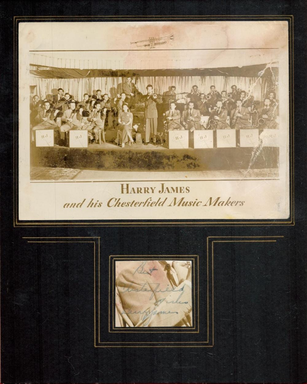 Harry James comparable auction result: harry james signed photo cutting attached to presentation card showing vintage image of his music