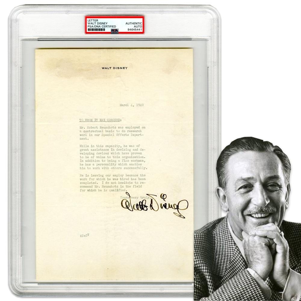 Walt Disney "Fantasia"-Era Boldly Signed TLS Re: "Special Effects Department," PSA Certified Authentic & With Phil Sears COA sold by University Archives, lot 299 — auction record photograph