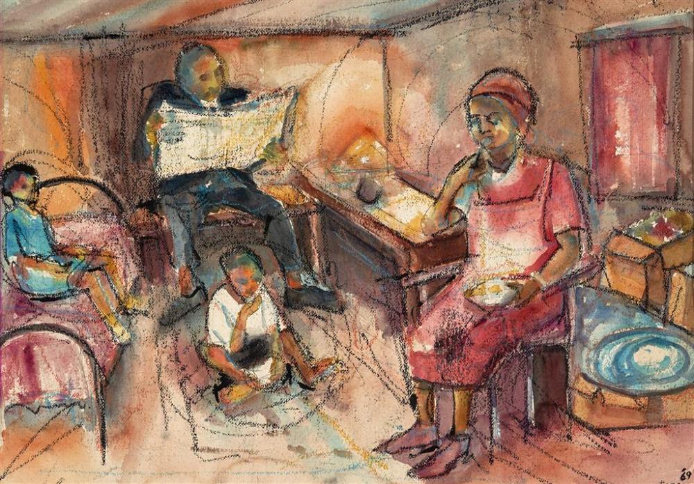 Ephraim Ngatane comparable auction result: ephraim ngatane 1938 1971 the family watercolour 50 x 68 cm frame 88 x 105 x 2 cm signed lower right