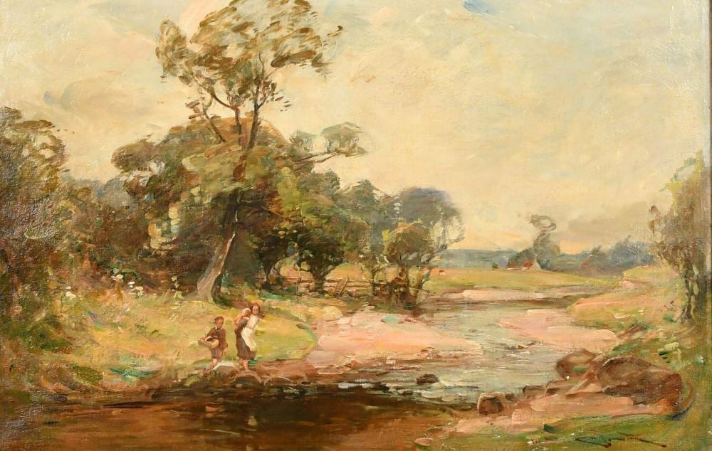 George Whitton Johnstone comparable auction result: george whitton johnstone 1849 1901 scottish figures crossing a river oil on canvas indistinctly signed 1