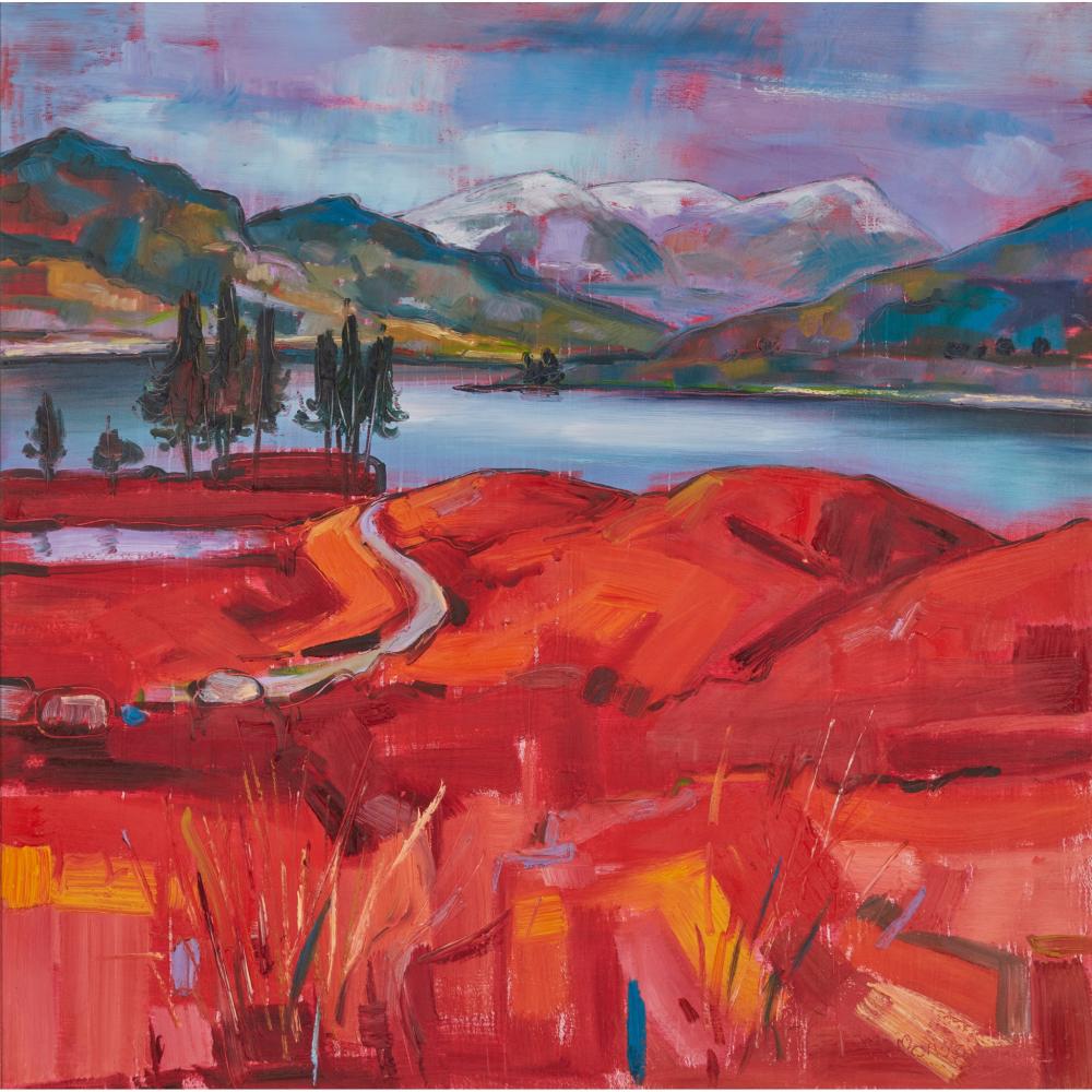 Abstract landscape painting with red foreground, a blue-gray body of water, and layered hills under a pink sky.