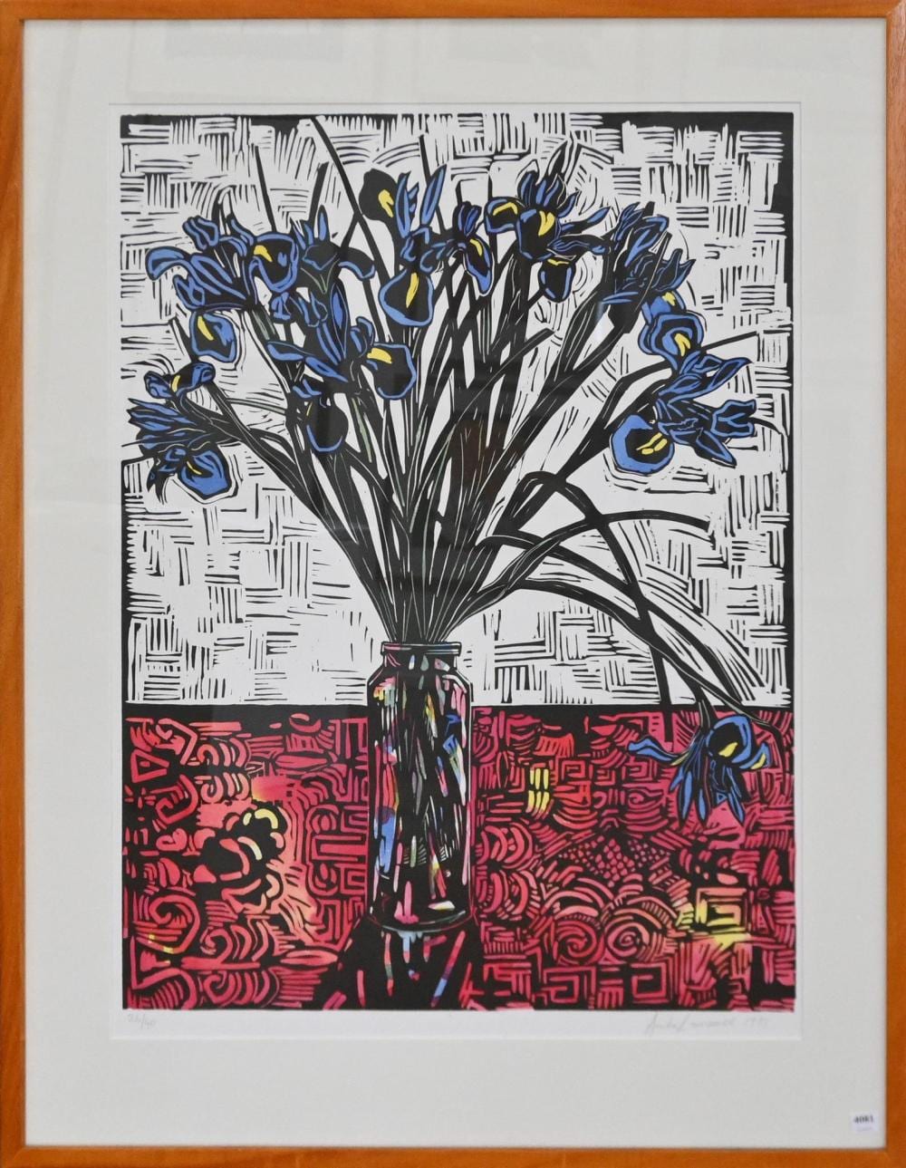 Anita Laurence comparable auction result: anita laurence iris 1993 linocut ed 31 40 80 x 60cm frame size 105 x 81cm provenance the national australia bank art collec