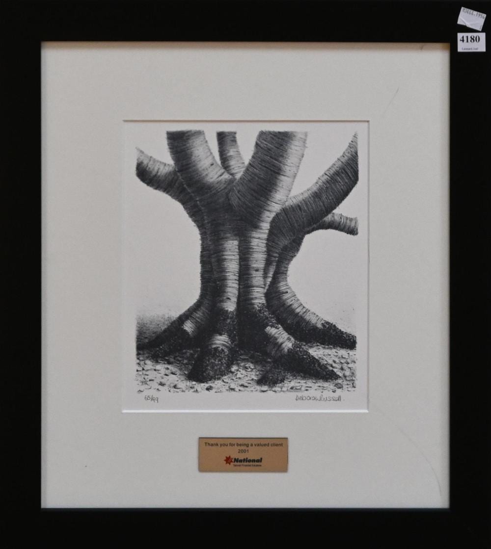 Deborah Russell comparable auction result: deborah russell tree trunk lithograph ed 65 99 24 x 20cm frame size 50 5 x 44 5cm provenance the national australia bank ar