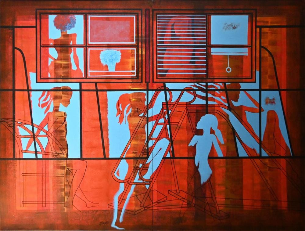 John Aland comparable auction result: john aland variation on evening playground iii 1971 diptych oil on canvas laid on board signed lower centre 182 x 243cm frame