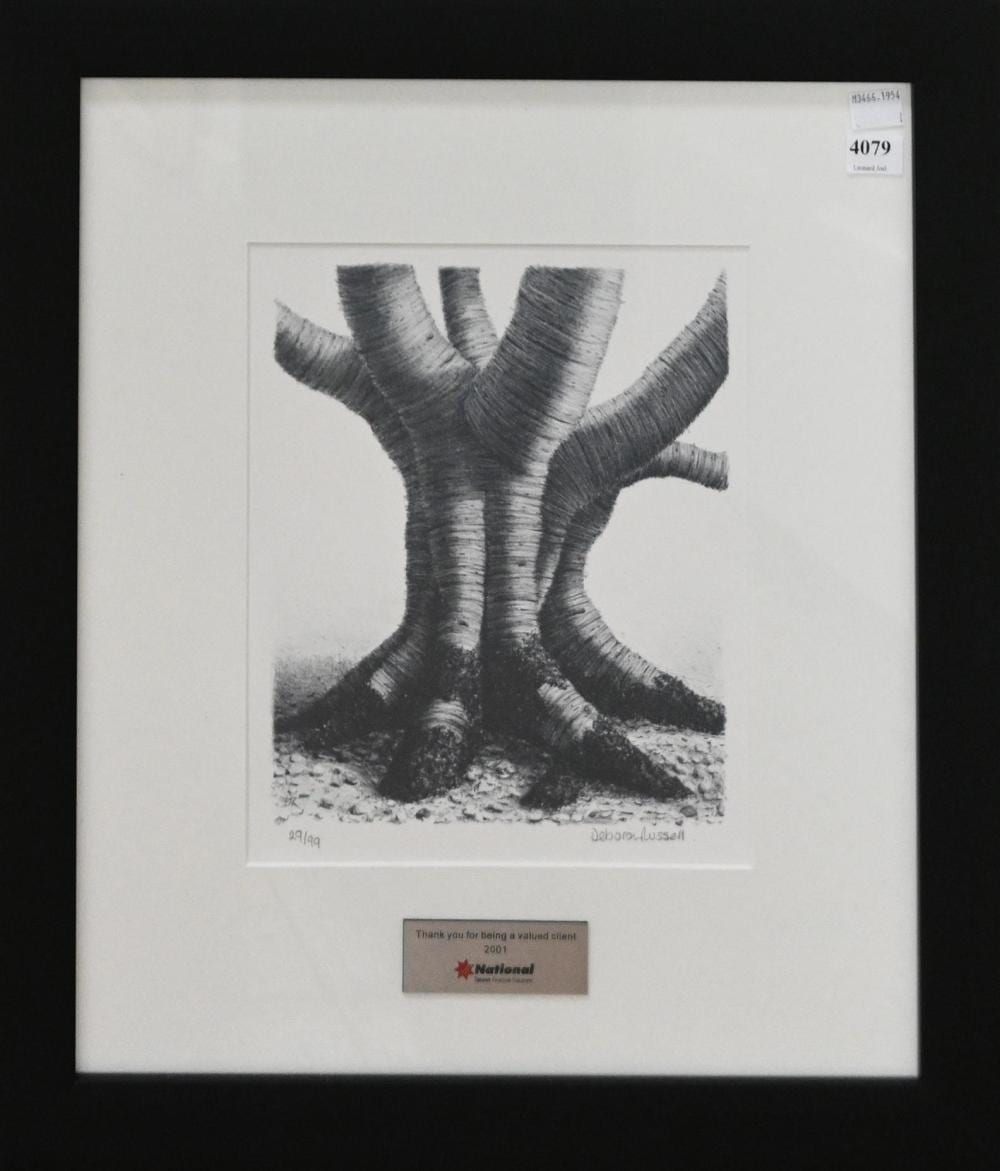 Deborah Russell comparable auction result: deborah russell tree trunk lithograph ed 29 99 24 x 20cm frame 50 5 x 44 5cm provenance the national australia bank art col