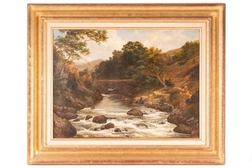 Edmund (1820) Gill comparable auction result: edmund gill 1820 1894 british a bridge over a fast flowing stream figures on the bank oil on canvas signed to lower right corner 44 cm x 59 cm in a gilt frame