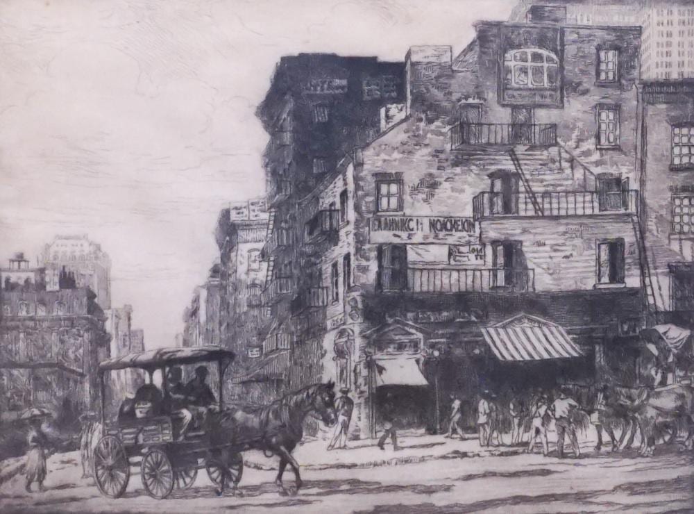 Joseph Lauber comparable auction result: joseph lauber 1855 1948 new york city street scene etching frame 14 1 2 x 16 3 4 in 36 8 x 42 5 cm