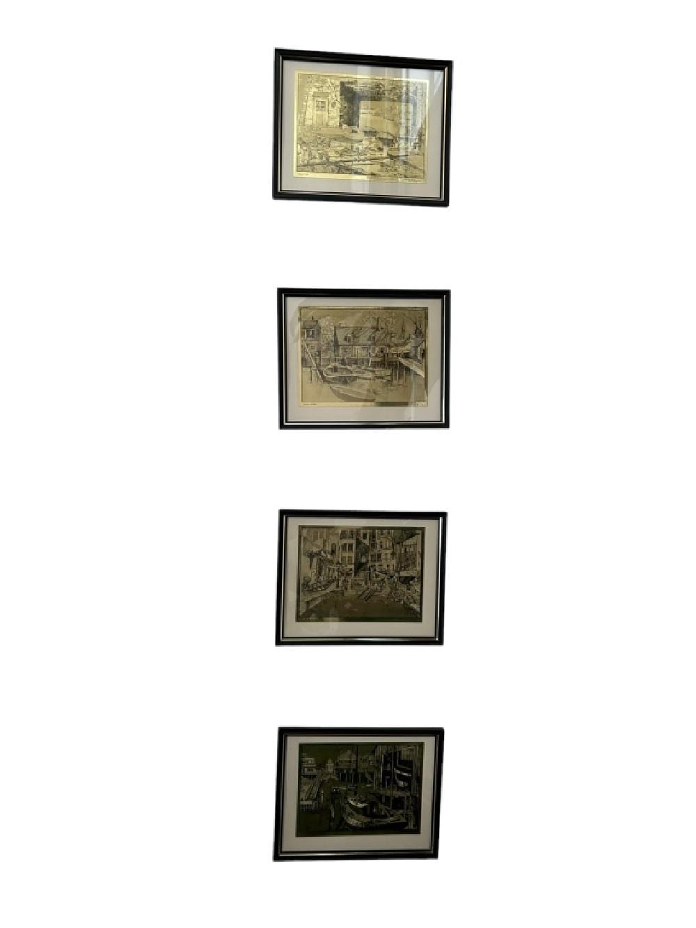 Set of four framed nautical-themed gold-foil etchings with ship and harbor scenes, arranged vertically on a white background.