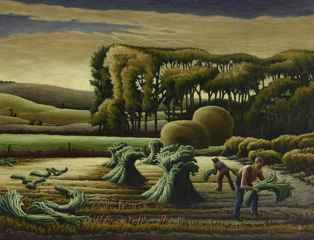Aaron Gunn Pyle comparable auction result: aaron gunn pyle 1903 1972 harvest scene 13 3 4 x 18 in framed 20 1 4 x 24 1 2 in