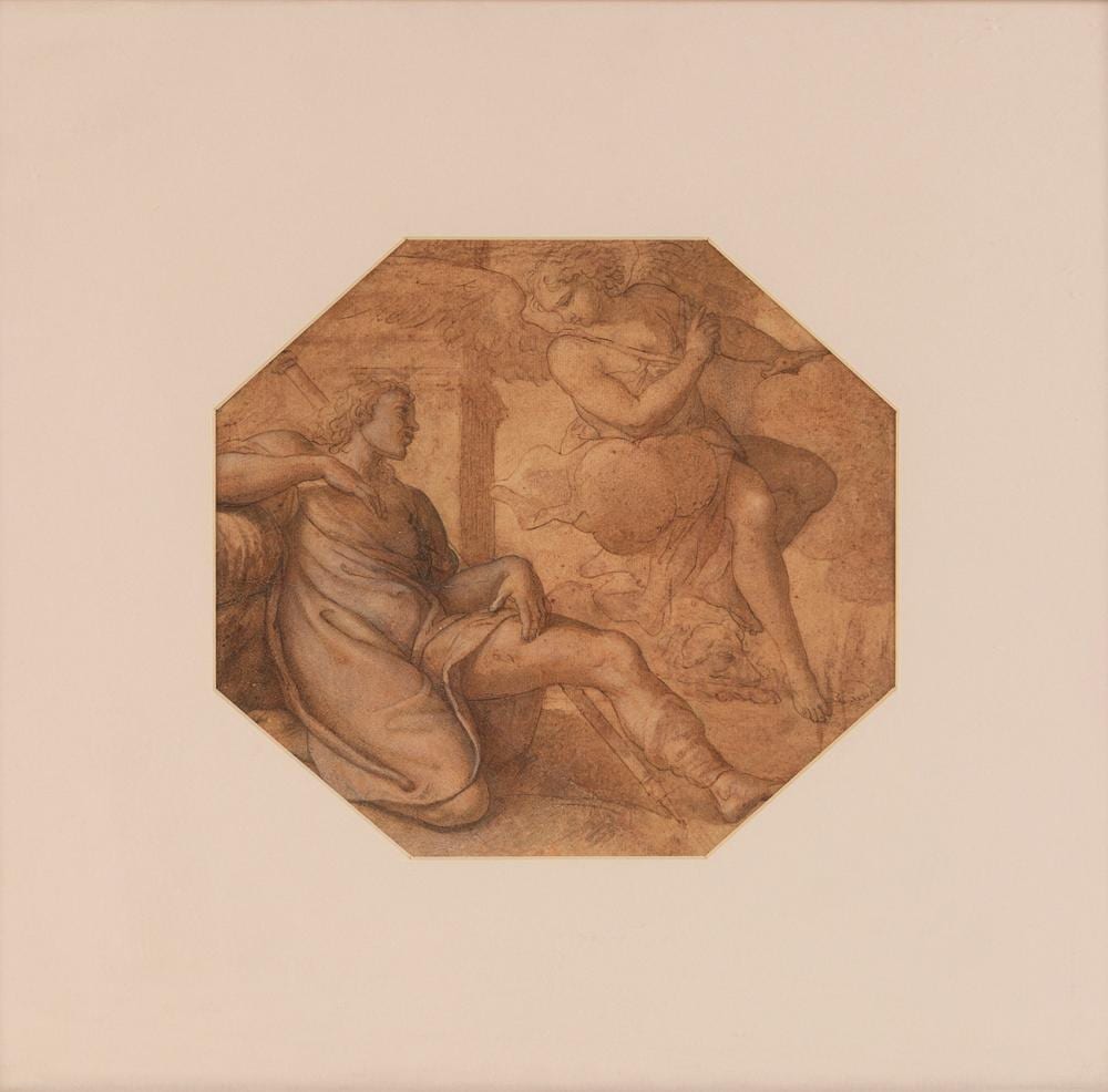 Giacomo Cavedone comparable auction result: giacomo cavedoni sassuolo modena 1577 bologna 1660 attributed angel and saint ink pencil brown wash and charcoal on octagonal paper