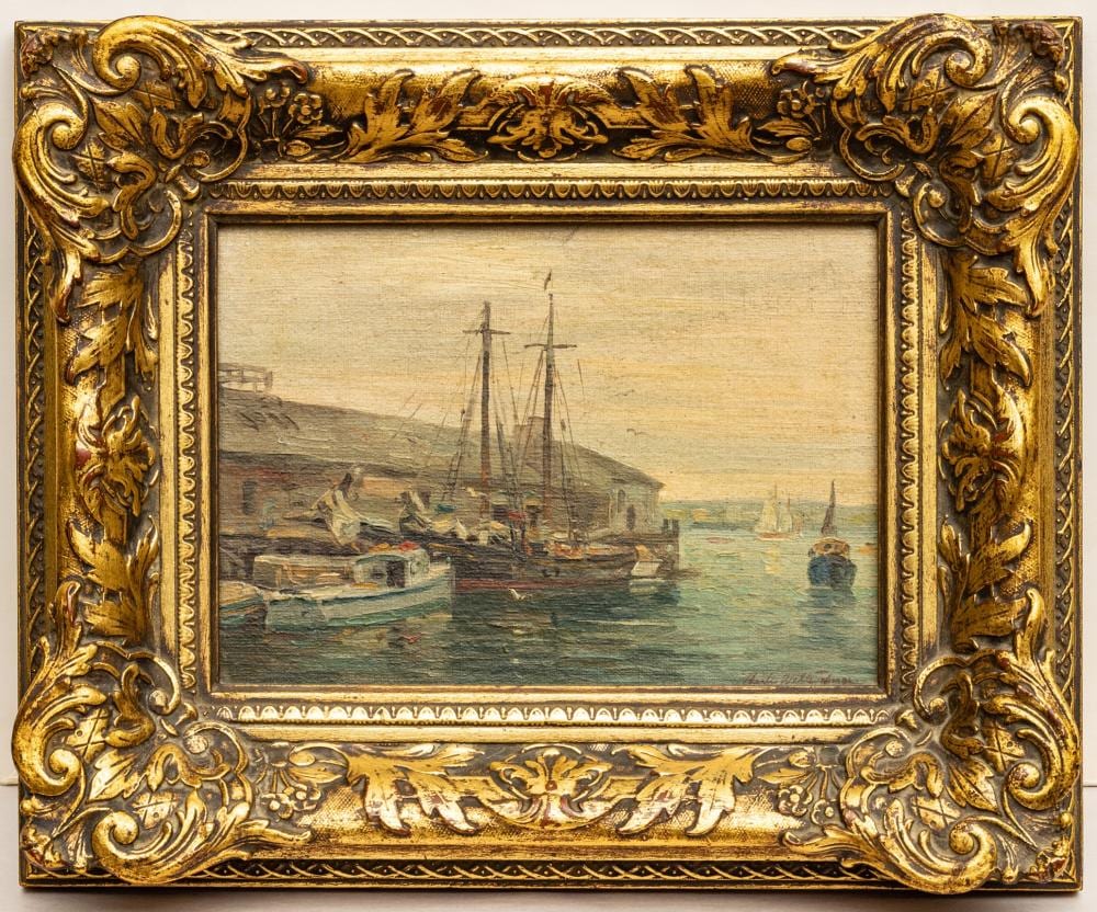 Charles E. Waltensperger comparable auction result: charles e waltensperger american 1871 1931 oil on masonite dock scene h 5 5 w 7 7