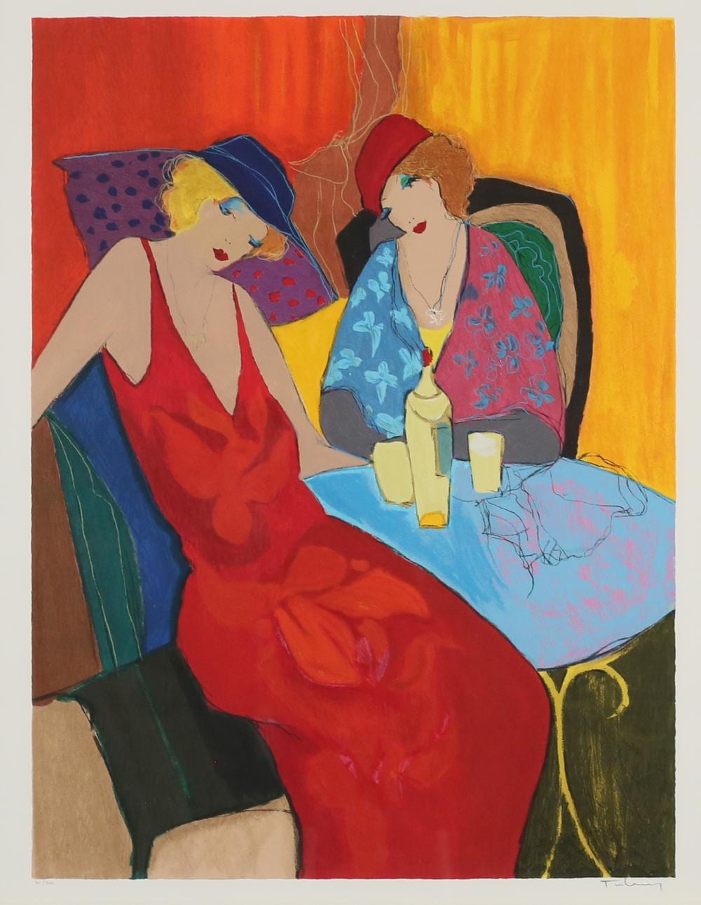 Color serigraph print showing two women in colorful dresses indoors, one pouring from a bottle, with red and yellow background.