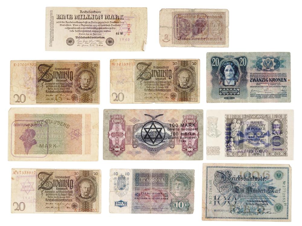 Nine vintage paper banknotes laid out in a grid, including blue and purple bills with large numeral values and portraits.