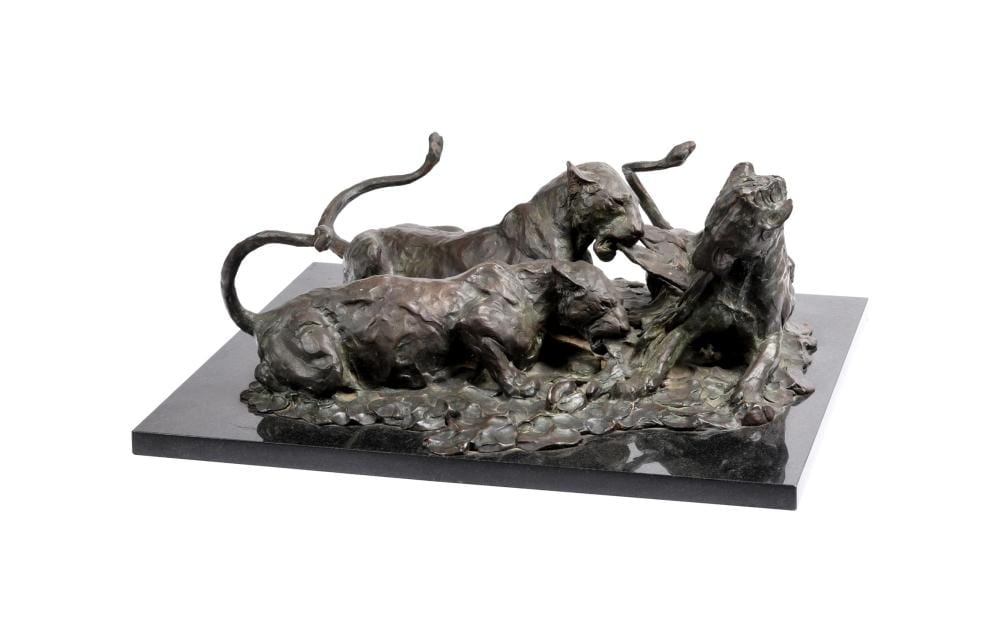 robert glen kenyan b 1940 a bronze group of three lionesses sharing a kill · Dreweatts 1759 Fine Sales · 2023-02-21 Robert Glen comparable auction result: robert glen kenyan b 1940 a bronze group of three lionesses sharing a kill