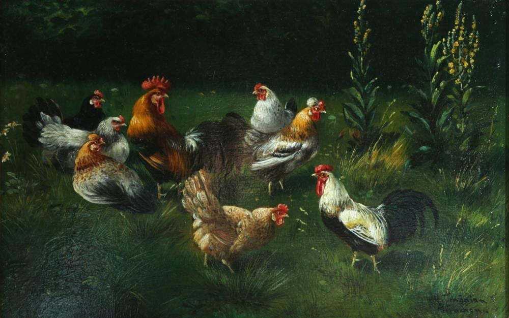 Alfred Schönian comparable auction result: alfred sch nian 1856 1936 group of chickens on meadow h hnerschar auf einer wiese
