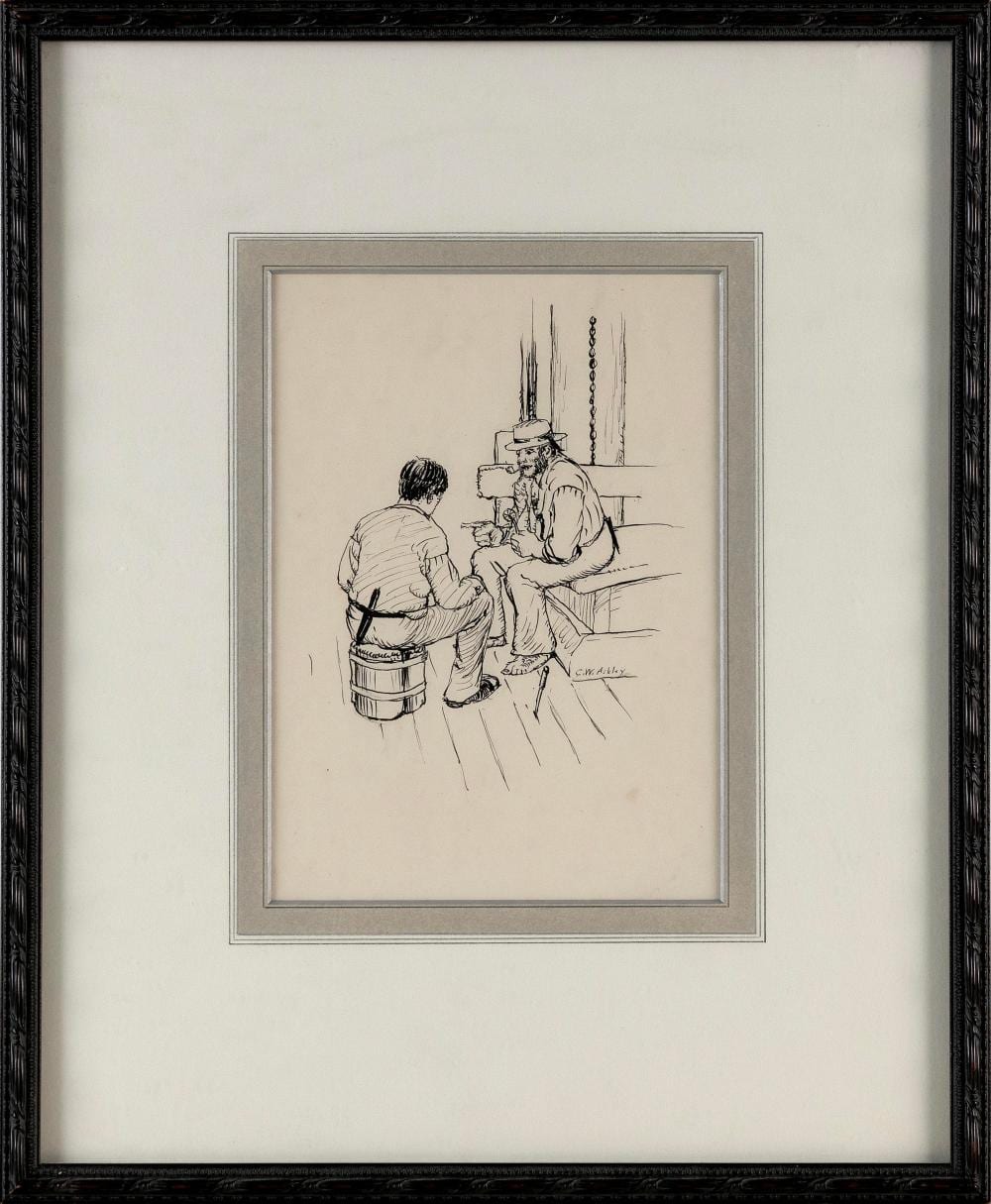 Clifford Warren Ashley comparable auction result: clifford warren ashley massachusetts 1881 1947 two sailors on deck one carving a pie crimper pen and ink 7 75 x 5 75 sight framed 15 25 x 12 75