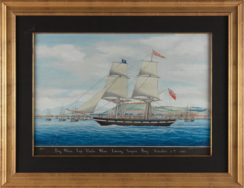 Raffaele Corsini comparable auction result: raffaele corsini italy active 1830 1880 brig wilson of boston entering smyrna bay november 7th 1853 gouache on paper 17 x 24 sight framed 26 x 33 75
