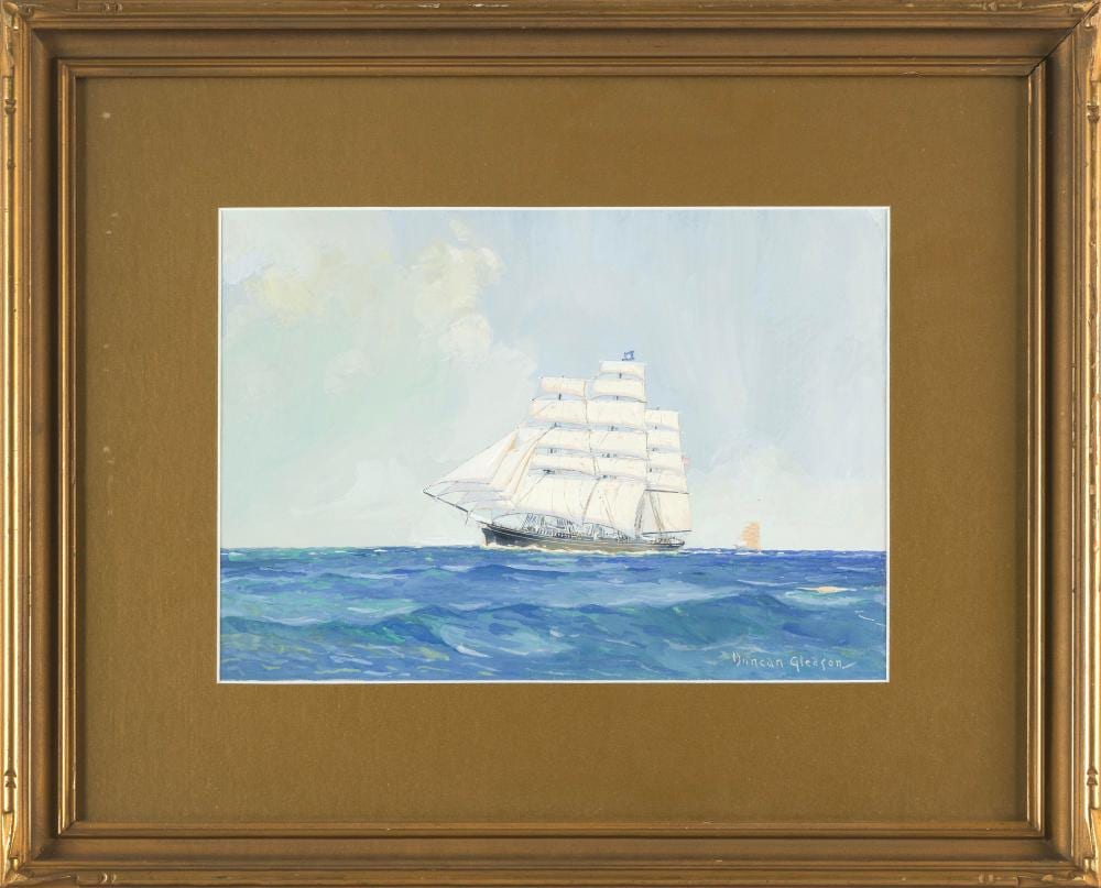 Duncan Gleason comparable auction result: duncan gleason california new york 1881 1959 sailing ship in moderate seas watercolor and gouache on paper 10 x 14 sight framed 18 5 x 22 5