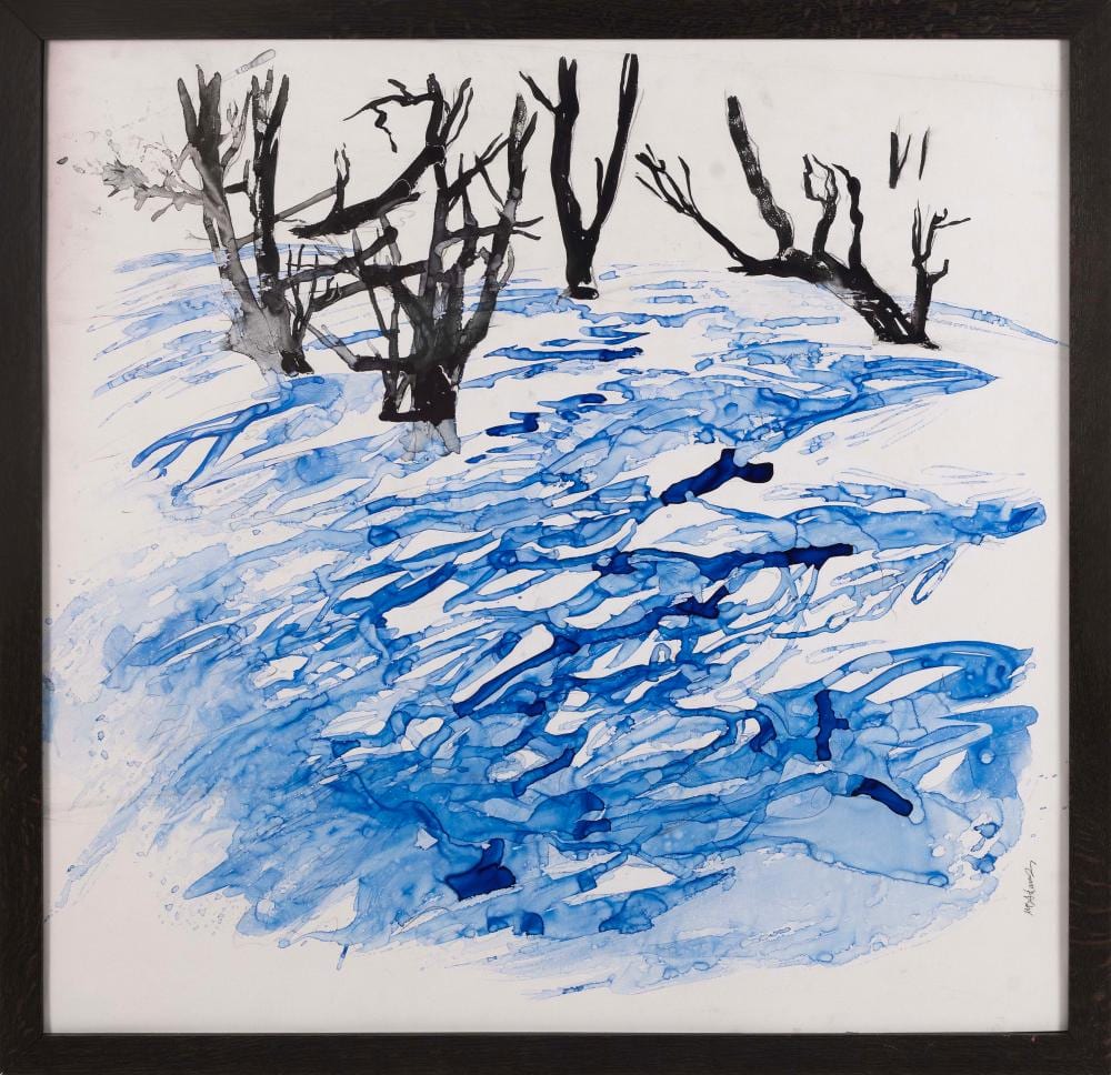 Mark Adams comparable auction result: mark adams america contemporary abstract landscape in blue and black mixed media on paper 35 x 36 sight framed 39 x 39
