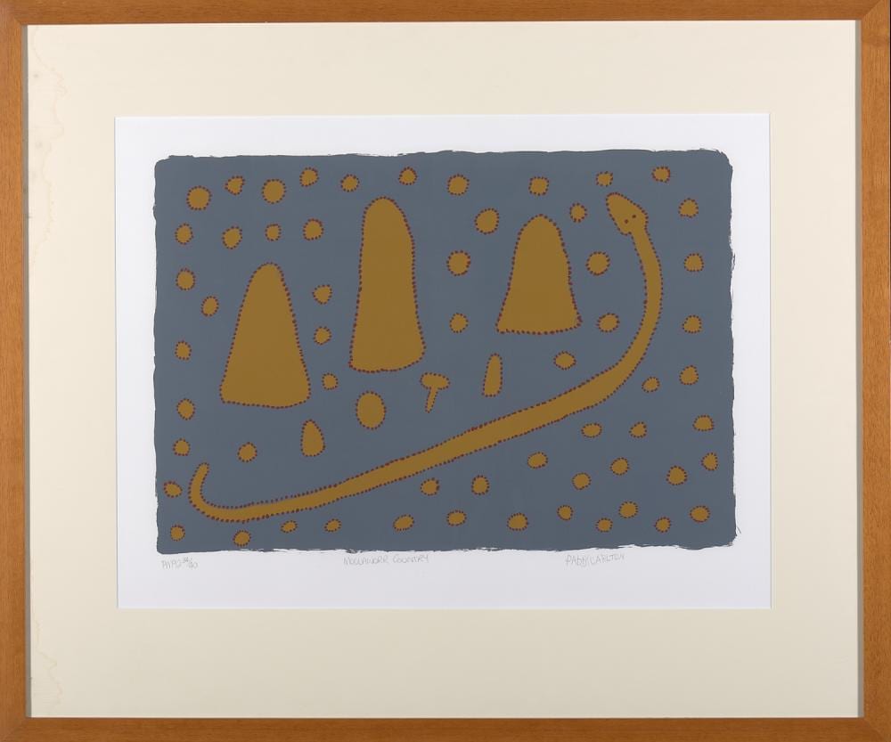 Paddy Carlton comparable auction result: paddy carlton moolawarr country 1997 screenprint ed 16 40 41 x 60cm frame size 77 x 94cm provenance the national australia