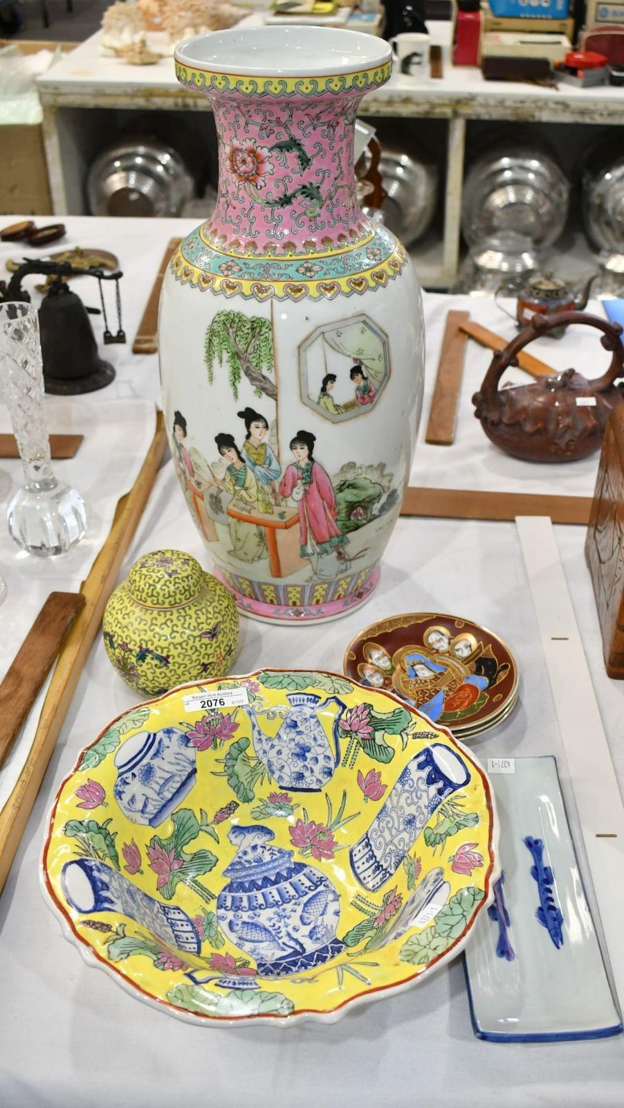Oriental Wares - Chinese Famille Rose glazed porcelain floor vase, 6 iron red character marks to base, set of 3 Satsuma saucers, blue and white rectangular serving dish Chinese Polychrome enamelled porcelain deep bowl, d sold by Bargain Hunt Auctions, lot 2076 — auction record photograph