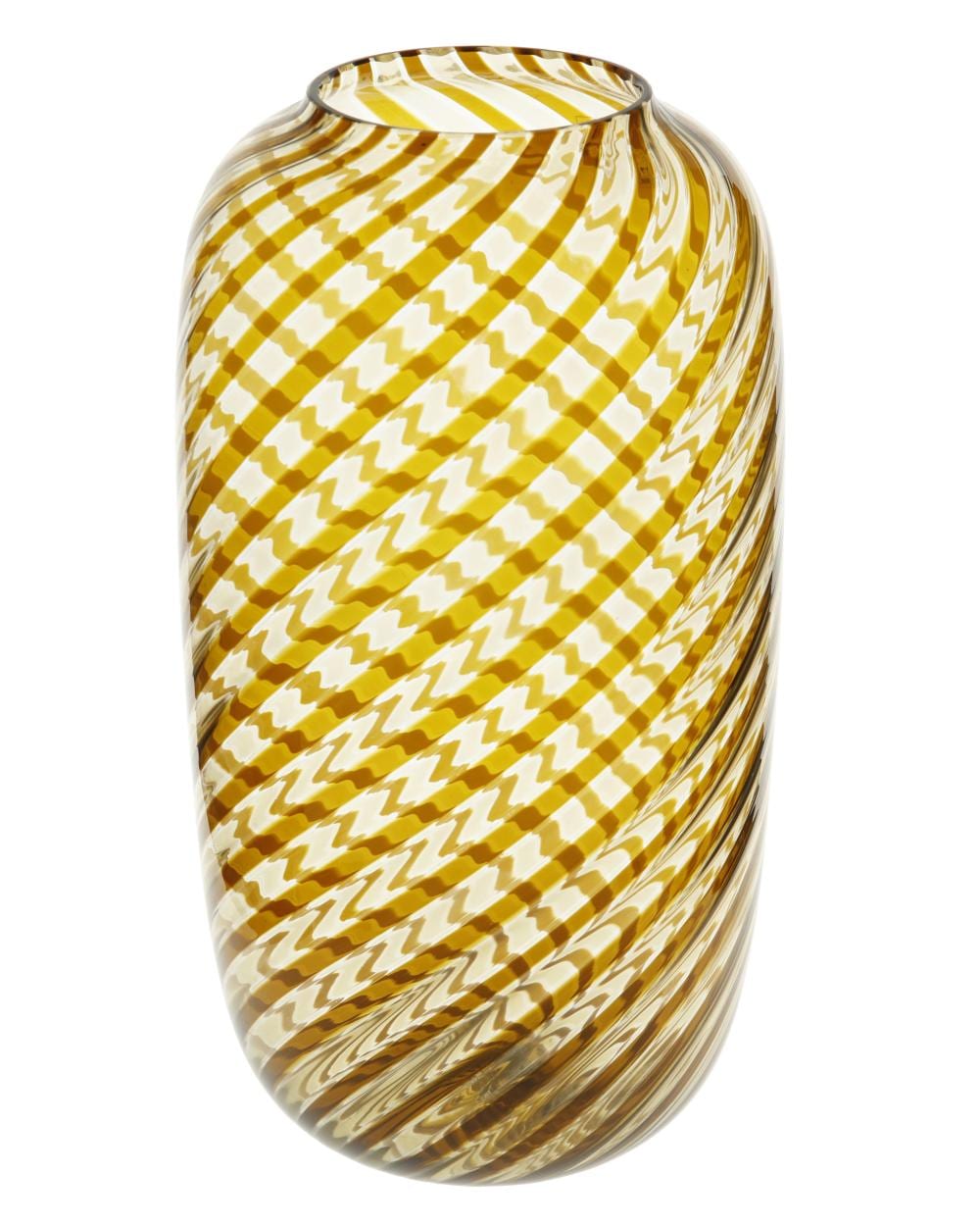 Art glass vase in clear glass with gold and cream wavy chevron pattern and flared circular rim.