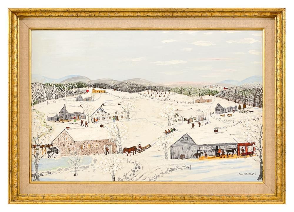 Forrest King Moses comparable auction result: forrest king moses wagon repair shop oil on board