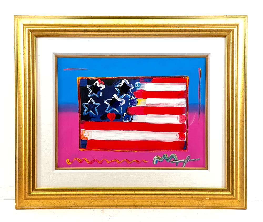 PETER MAX "FLAG WITH HEART" MIXED MEDIA PAINTING WITH ACRYLIC sold by Bradford's, lot 3256 — auction record photograph