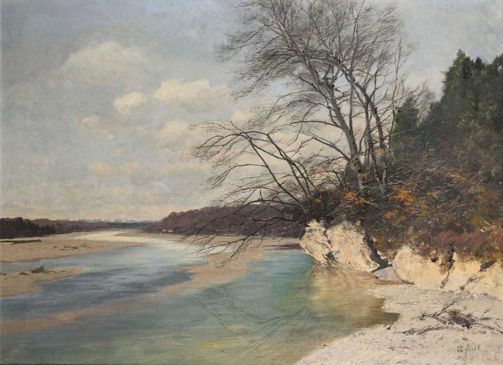 Landscape painting of shallow water beneath a cloudy sky with bare trees along the bank.