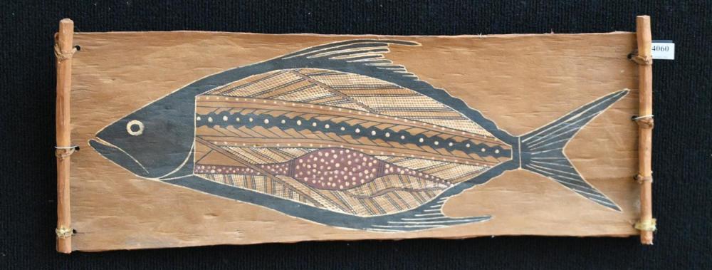 Bobby Barrdjaray Nganjmira comparable auction result: bobby barrdjaray nganjmira barramundi natural earth pigments on bark gunbalaya council inc label verso 63 x 23cm