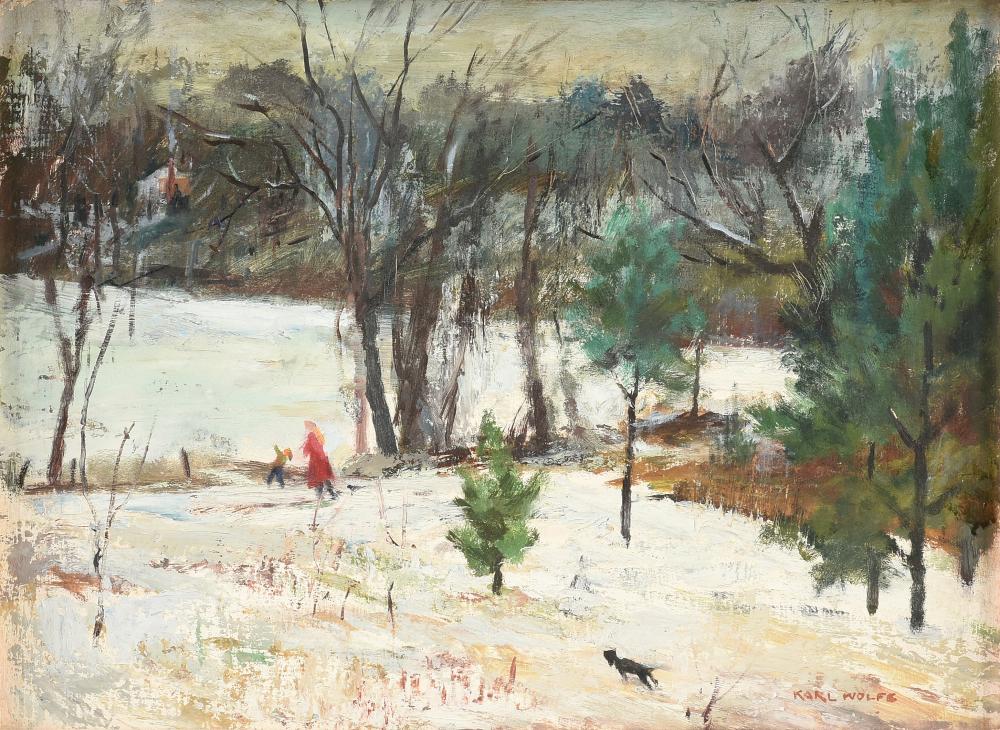 Karl Wolfe comparable auction result: karl wolfe american mississippi 1904 1985 a painting mother child and dog by pond in snowy landscape