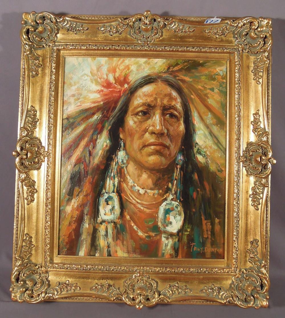 ORIGINAL OIL ON CANVAS "PORTRAIT OF INDIAN" BY TROY DENTON sold by Chamberlain Auction Gallery, lot 122 — auction record photograph