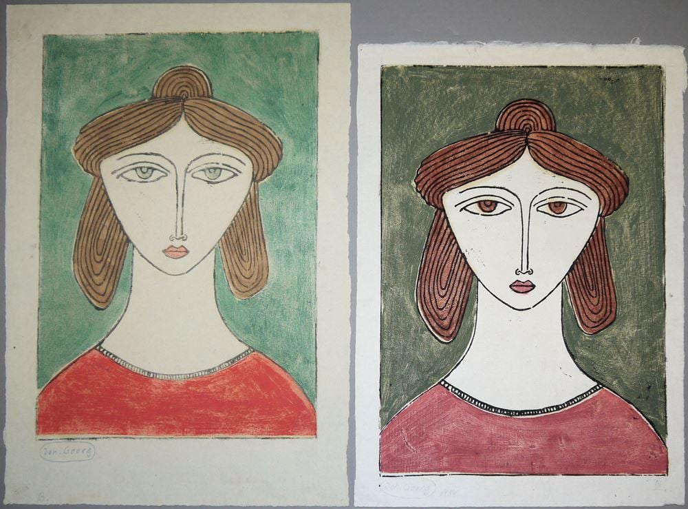 Johann Georg (1913) Müller comparable auction result: johann georg m ller stilisiertes frauenportr t 2 signierte farbholzschnitte von 1951