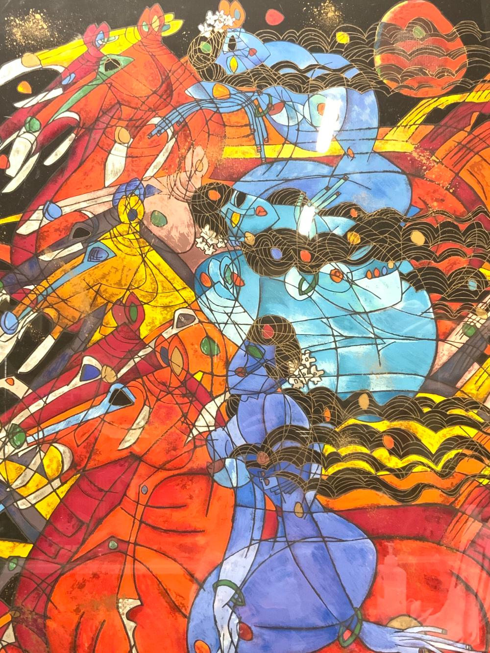 Colorful serigraph-style print of two running horse figures with stylized bodies, geometric lines, and decorative splashes in orange, red, blue, and yellow.