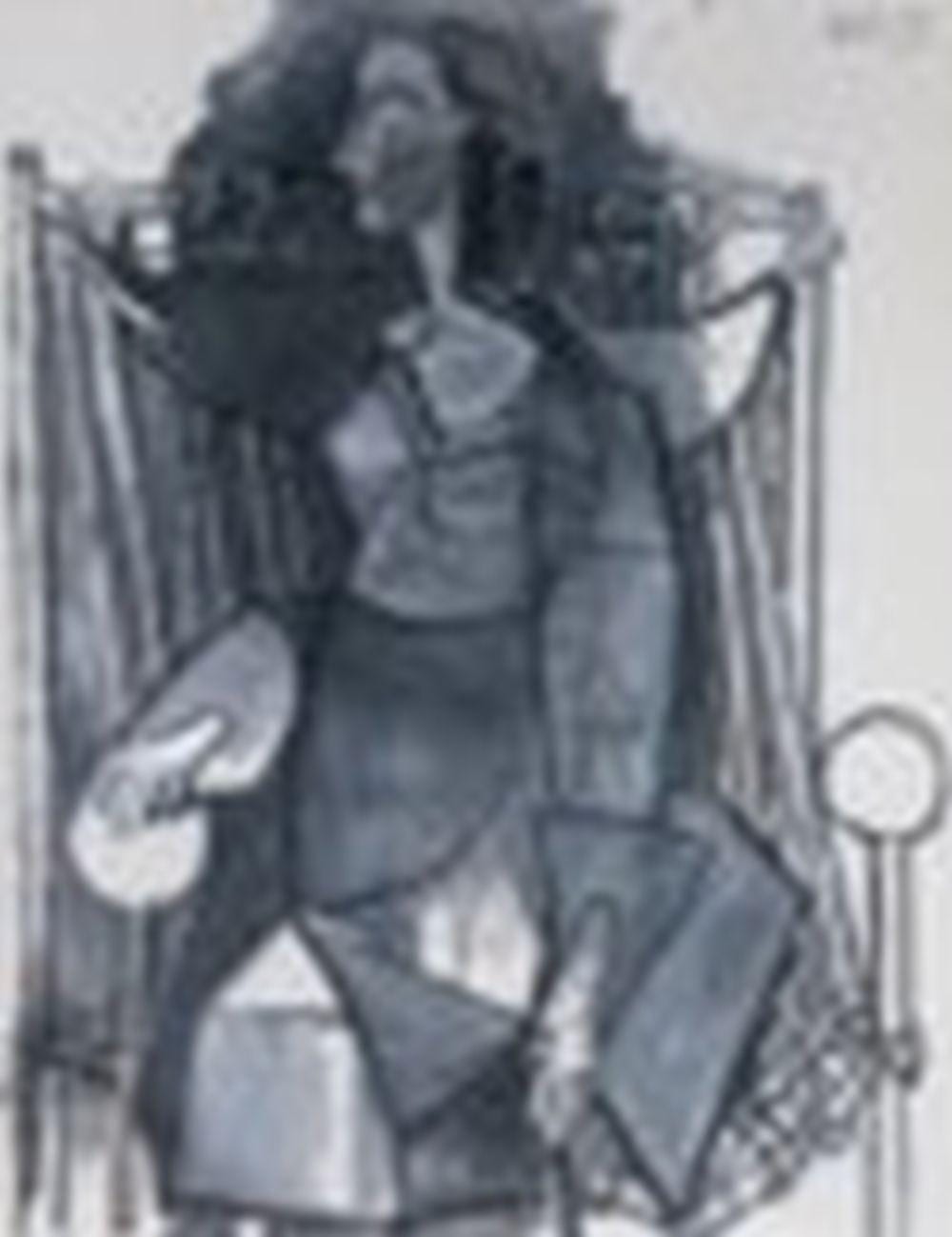 Pablo Picasso (1881-1973) Femme assise dans un fauteuil tressé, en gris (Fr comparable sale
