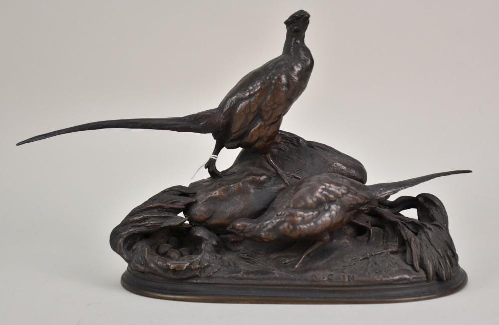 Auguste-Nicolas Cain comparable auction result: auguste nicolas cain 1822 1894 bronze figure of two pheasants inscribed a cain on front of sculpture at base 7 3 4 h x 13 w