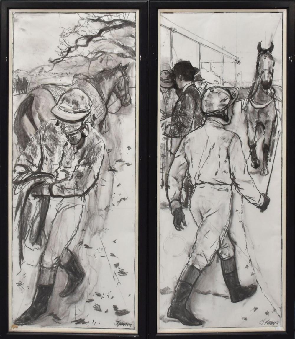 jay boyd kirkman british 1958 2 sketches jockeys 59 x 25 inches · Bill Hood & Sons Arts & Antiques Auctions · 2023-02-21 Jay Boyd Kirkman comparable auction result: jay boyd kirkman british 1958 2 sketches jockeys 59 x 25 inches