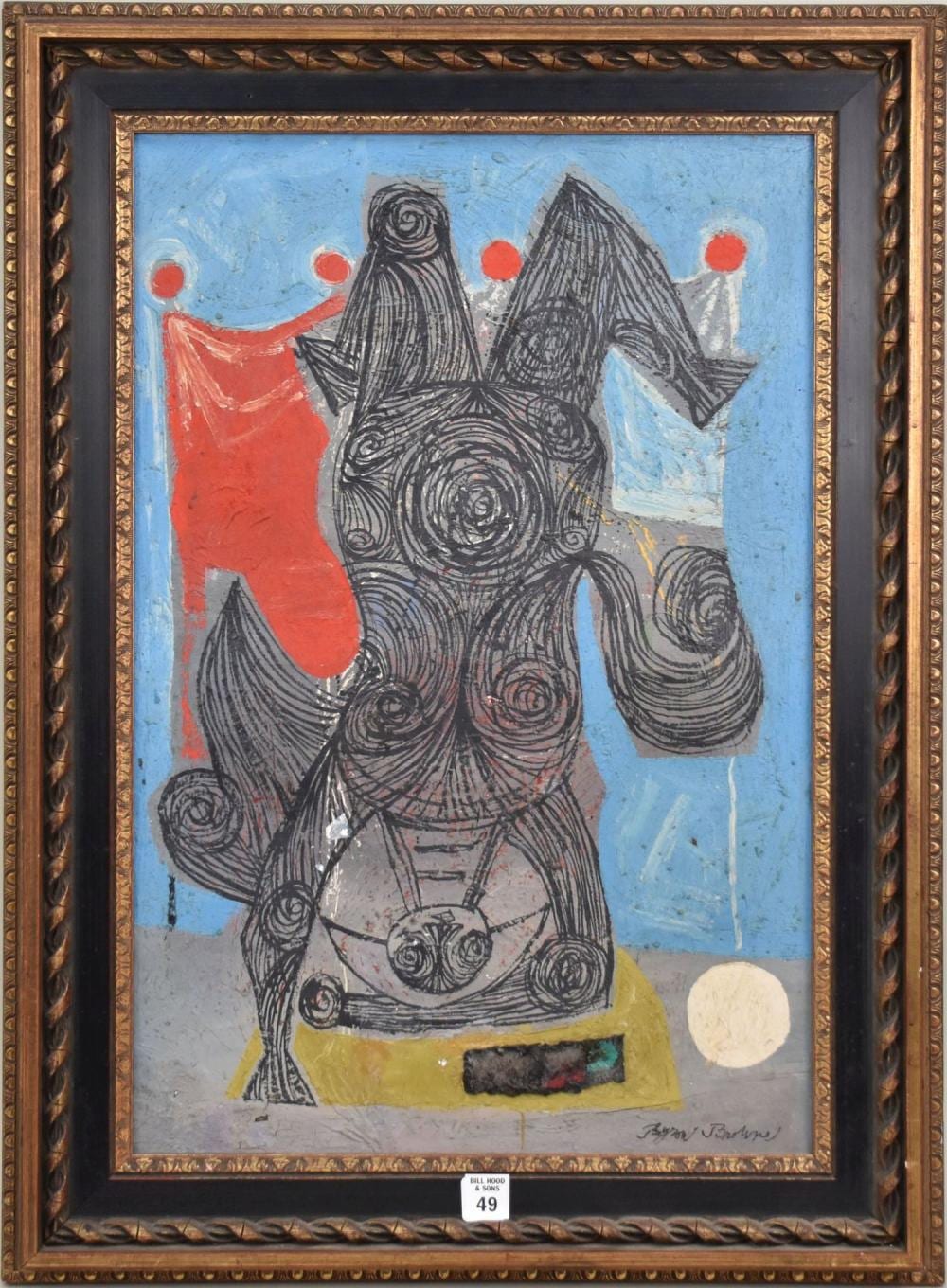 Byron Browne (AMERICAN, 1907–1961) oil on canvas, paint loss from chipping, "Acrobat", dated 1948, signed lower right, sold by Bill Hood & Sons Arts & Antiques Auctions, lot 49 — auction record photograph