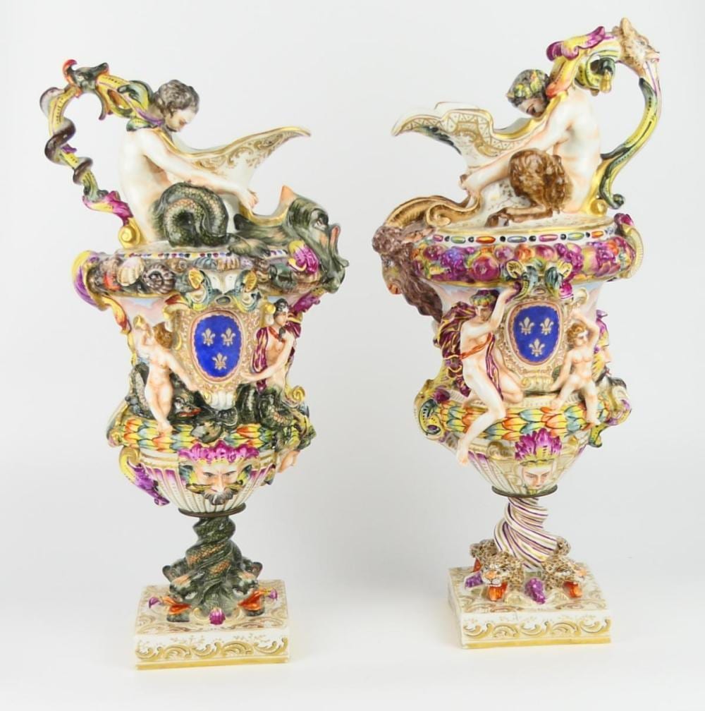 Auction comp thumbnail for RARE PAIR 19.C CAPODIMONTE PORCELAIN 17" EWERS (Elite Auctioneers, LLC, Lot 195)