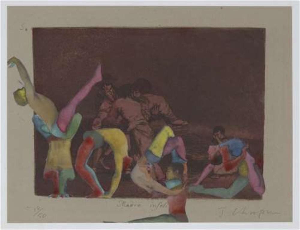 Jake Chapman comparable auction result: jake chapman british b 1966 disasters of yoga 2022 digital print with handcolouring on wove