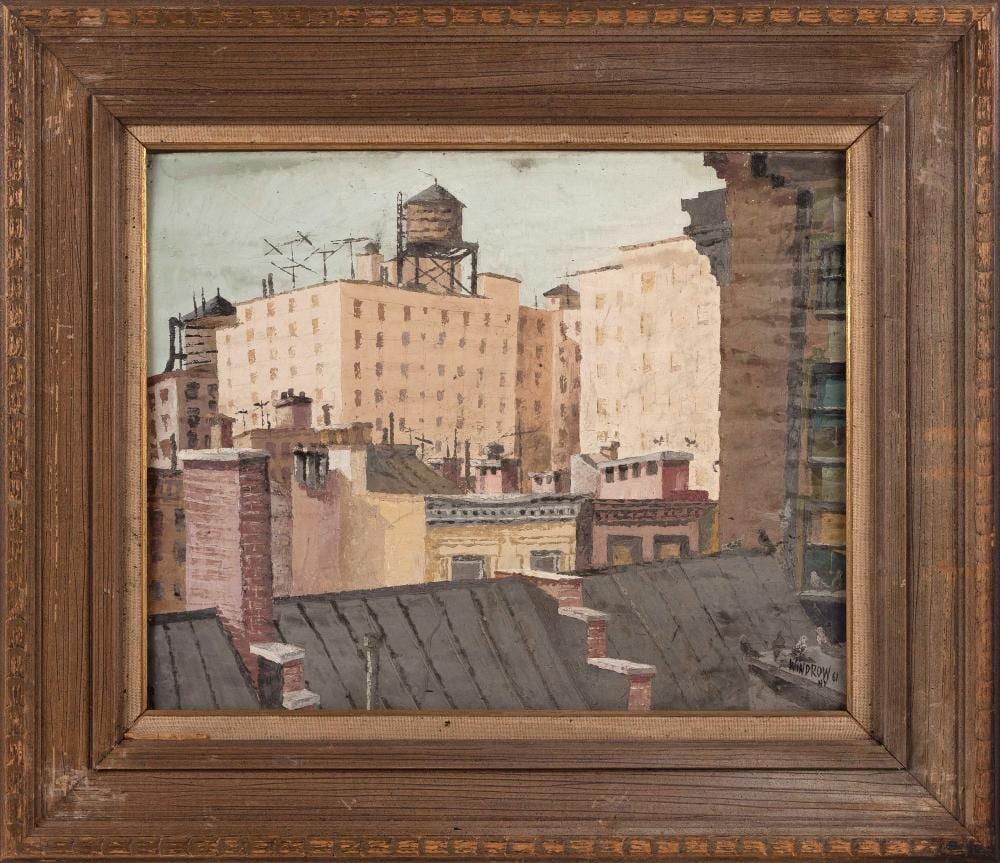 Patricia Windrow comparable auction result: patricia hope windrow england america 1921 2013 new york rooftops 1961 oil on canvas board 16 x 20 framed 24 x 28