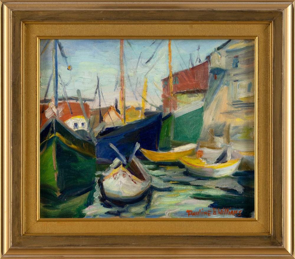 pauline bliss croft williams massachusetts florida 1888 1968 rockport harbor circa 1949 oil on board 10 x 12 framed 14 x 16 · Eldred's · 2023-03-23 Pauline Bliss Williams comparable auction result: pauline bliss croft williams massachusetts florida 1888 1968 rockport harbor circa 1949 oil on board 10 x 12 framed 14 x 16