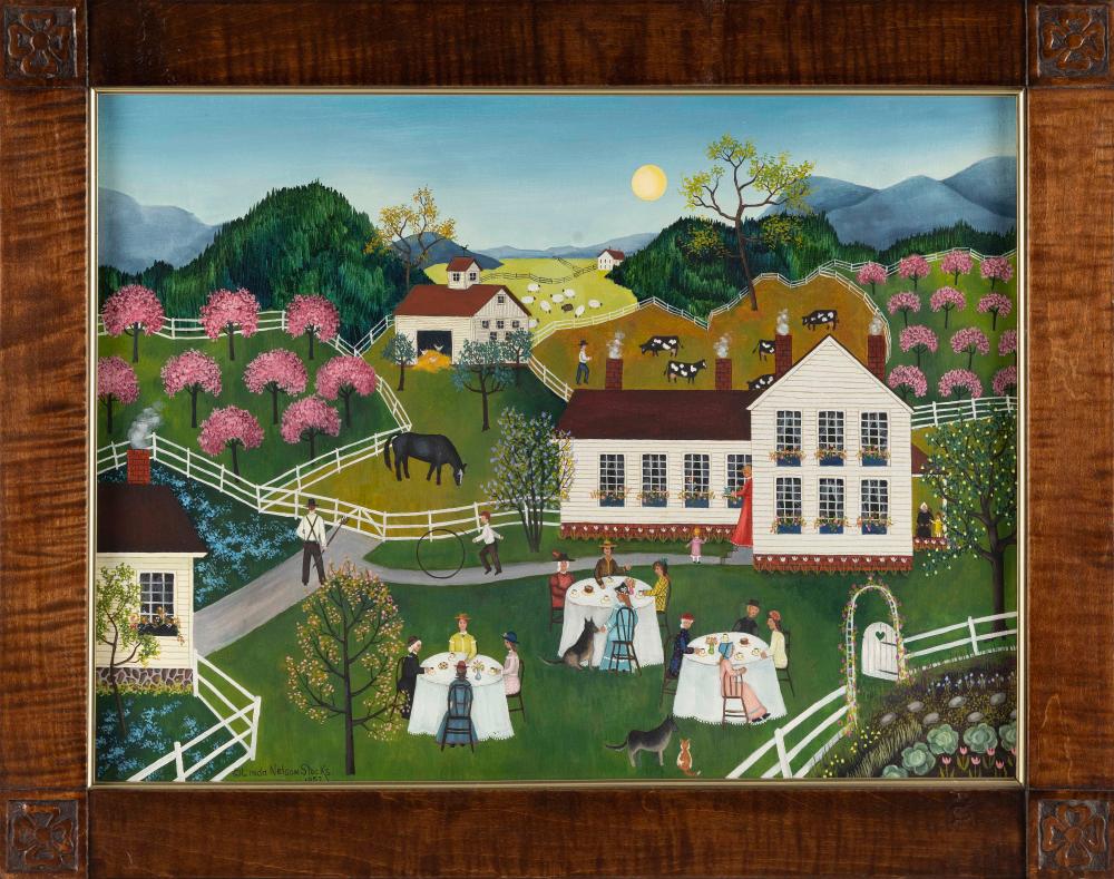 LINDA NELSON STOCKS (America, 1938-2011), "Lunch in the Country"., Oil on canvas, 20" x 24". Framed 24" x 28". sold by Eldred's, lot 6160 — auction record photograph
