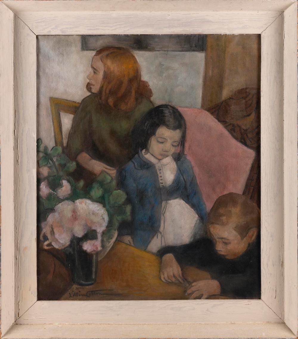 Lillian Cotton comparable auction result: lillian cotton new york massachusetts 1901 1962 interior scene with a woman and children oil on canvas 30 x 25 framed 37 x 32