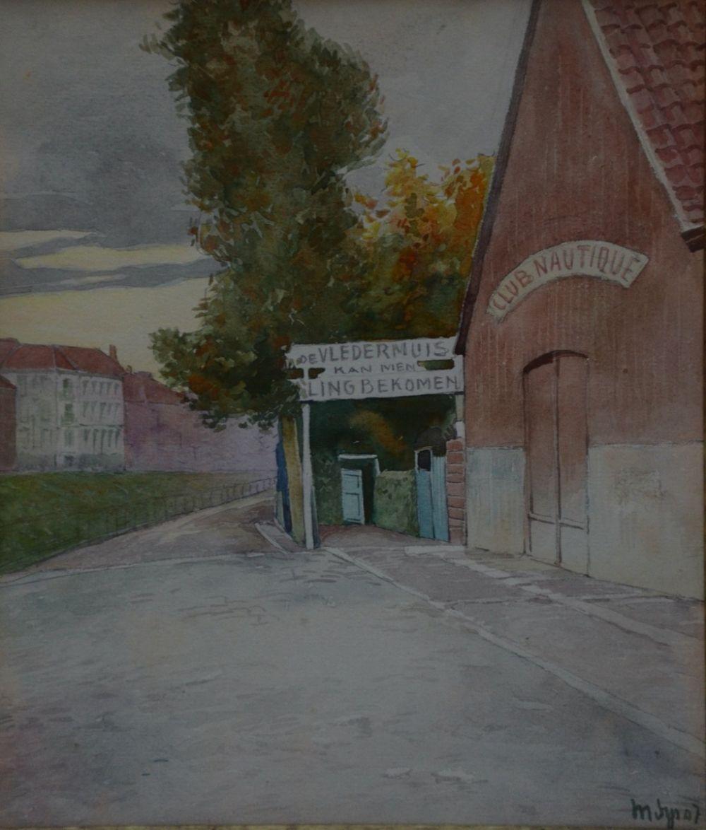 Watercolor-style painting of a quiet alley with a large tree, brick buildings, and a curved doorway labeled on a sign.