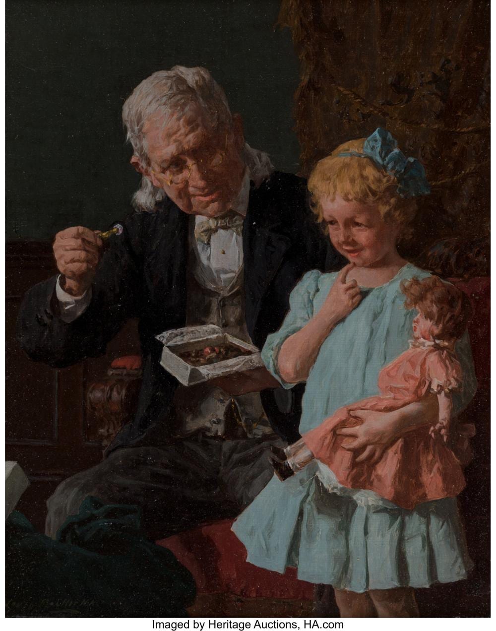 Louis Charles Moeller comparable auction result: louis charles moeller american 1855 1930 a candy for dolly oil on canvas 10 x