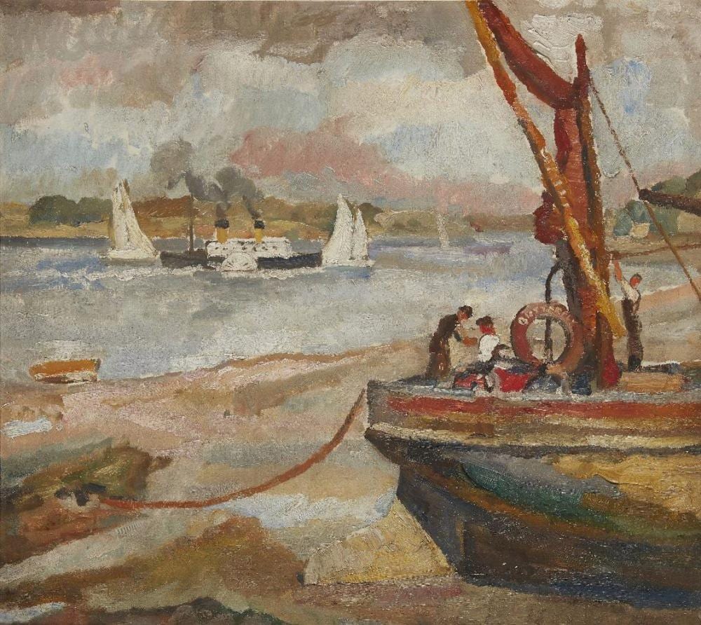 Allan Walton comparable auction result: allan walton british 1891 1948 ship on the coast oil on canvas with a spring landscape on
