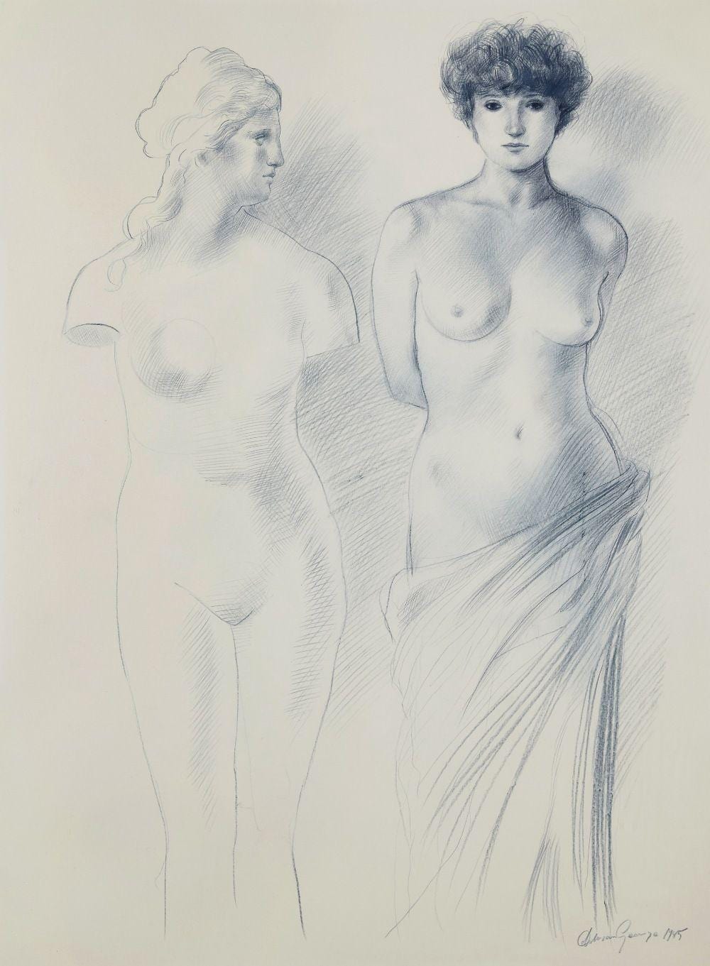 Adrian George comparable auction result: adrian george british 1944 2021 two statues 1985 crayon on paper signed and dated lower r