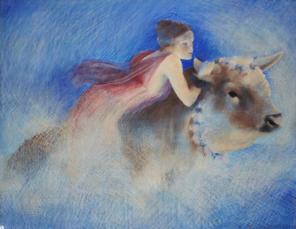 Adrian George comparable auction result: adrian george british 1944 2021 girl with bull 1985 oil pastel on paper signed and dated